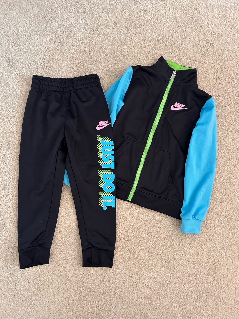 Nike Kids Black Sweatpants with Blue & Neon Green 'Just Do It' Graphic